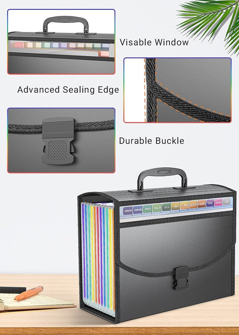 TCJ Accordion File Organizer,Expanding File Folder Portable Filing Folders,13 Pockets File Box with Handle for Documents,Special Design for Carrying,A4/Letter Size,Colored Tabs - Image 3